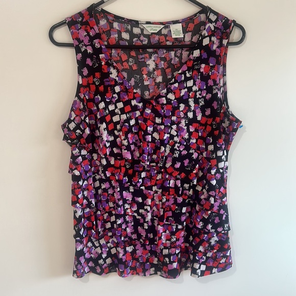 LAURA ASHLEY PETITS RUFFLED MULTICOLOURED SLEEVELESS V NECK BLOUSE SIZE SMALL - Picture 3 of 8